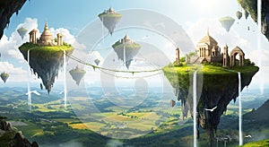 Fantastical floating islands hover above a lush landscape, each adorned photo