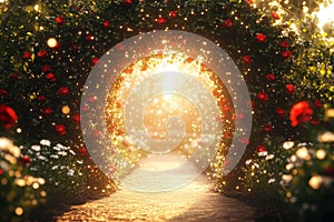 A fantastical floral realm with a concealed garden tucked away behind gilded gates and ivy-adorned arches that give way photo