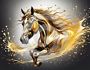 A fantastical, glowing conceptual illustration of a golden powerfully muscular stallion galloping through splashing iridescent