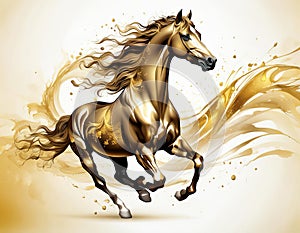 A fantastical, glowing conceptual illustration of a golden powerfully muscular stallion galloping through swirling iridescent