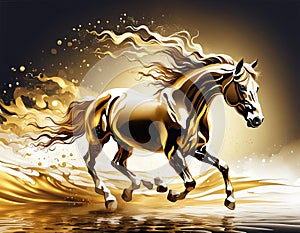 A fantastical, glowing conceptual illustration of a golden powerfully muscular stallion galloping through swirling iridescent