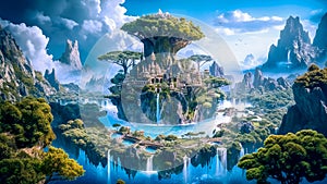 A Fantastical Island with Water and Trees, in the Style of Buddhist Art Architecture, Generative AI