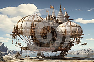 Fantastical Medieval airship stylized travel. Generate Ai photo