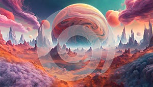 fantastical planet with swirling clouds colorful landscapes. Generative AI photo