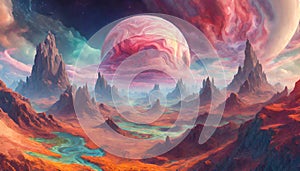fantastical planet with swirling clouds colorful landscapes. Generative AI photo