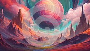 fantastical planet with swirling clouds and colorful landscapes. Generative AI photo
