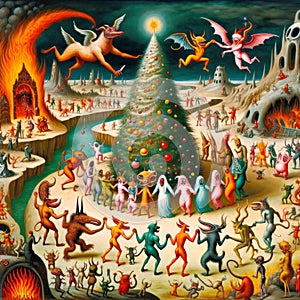 Fantastical scene reminiscent of Hieronymus Bosch\'s work, a playful and macabre dance around Christmas tree