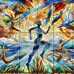 A fantastical stained glass mural showcasing athletes in actio