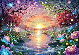 Fantastical sunset scene featuring a shimmering river bordered by