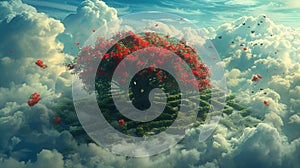 Fantastical tree with red flowers amidst clouds and butterflies. Generated AI photo
