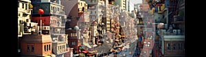 Fantastical ultra-wide cityscape, buildings tilt at peculiar angles (Generative AI)