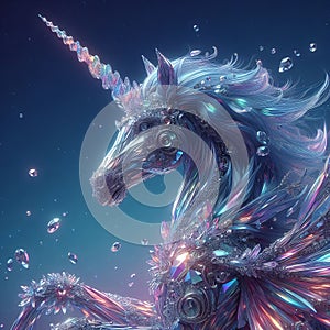 A fantastical unicorn with iridescent fur and a horn made of c photo