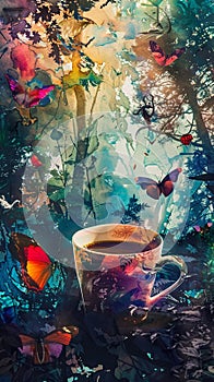 Fantastical watercolor of a steaming coffee cup amid vibrant butterflies in an enchanted forest setting