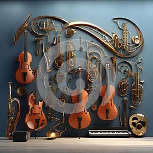 Fantasy 3D musical instruments, geometrically arranged on an octane background