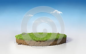 Fantasy 3D rendering circle podium grass field, paradise round soil cross section isolated on sunny blue morning sky