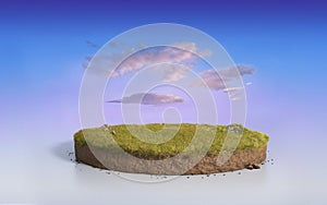 Fantasy 3D rendering circle podium grass field, paradise round soil cross section isolated on surreal purple evening sky