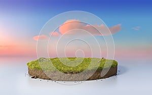 Fantasy 3D rendering circle podium grass field, paradise round soil cross section isolated on surreal purple sunset sky