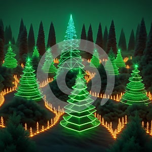 Fantasy abstract geometric Christmas trees surrounded by golden trees, against a row of dark trees