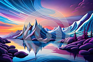 Fantasy abstract winter landscape with mountains, snow, and lake at sunset. tropical island horizon, generative ai