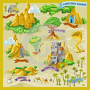 Fantasy adventure map for cartography with colorful doodle hand draw illustration in desert land