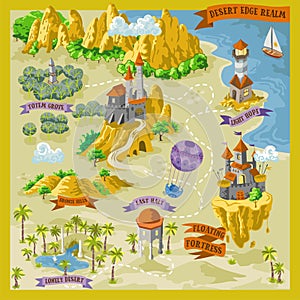 Fantasy adventure map for cartography with colorful doodle hand draw illustration in desert land