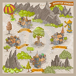 Fantasy adventure map for cartography with colorful doodle hand draw vector illustration of Mountain Kingdom