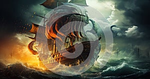 Fantasy Adventure - Sea Monster Clashes with Tall Ship