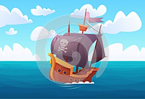 Fantasy adventure of wooden ship with pirate flag in sea harbor, galleon in sea landscape