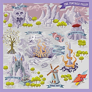 Fantasy adventure map for cartography with colorful doodle hand draw illustration of Tentacle Valley photo