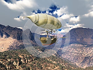 Fantasy airship over a mountain landscape
