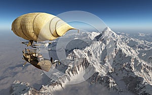 Fantasy airship over a snowy mountain landscape