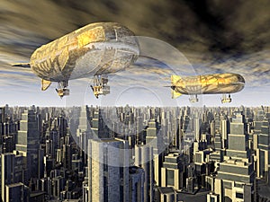 Fantasy airships over a megacity