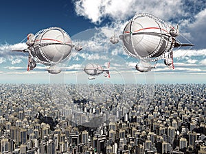 Fantasy airships over a megacity