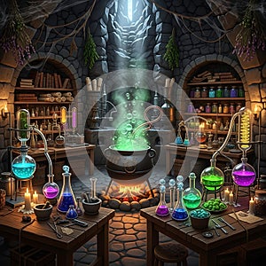 Fantasy alchemy laboratory with bubbling cauldron