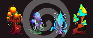 Fantasy alien mushroom. Magic plant cartoon set