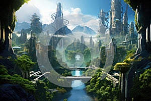 Fantasy alien planet. 3d render. Elements of this image furnished by NASA, A futuristic metropolis nestled in a lush jungle,