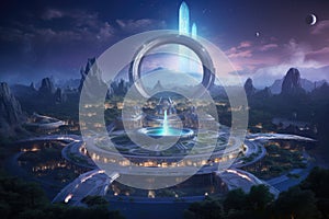 Fantasy alien planet. 3D rendering. Computer digital drawing. An alien ringworld at Twilight showcasing ancient architectures, AI