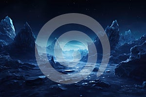 Fantasy alien planet. Mountain and lake. 3D illustration, minimalist photography, ice ruins, intricate, night, high resolution, 8K