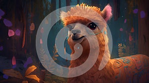 Fantasy alpaca in surreal forest. 3D illustration. photo