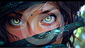 Fantasy Anime Girl Chatacter Eyes Portrait. Enigmatic Eyes Veiled in Shadow. The Luminous Stare That Speaks Without Words