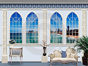 Fantasy Antique interior wall with antique furniture and four large windows, overlooking the sea and a city.