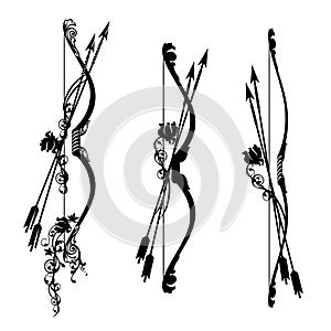 Fantasy archer bow and arrows decorated with rose flowers black vector design set