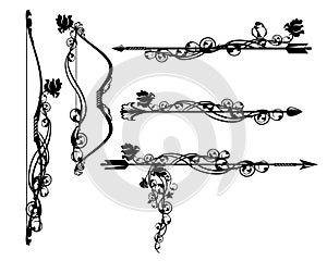 fantasy archer bow and arrows with rose flowers and sitting bird black and white vector design set