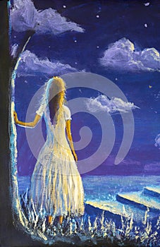 Fantasy art illustration. Princess girl making a wish in night seascape oil painting.