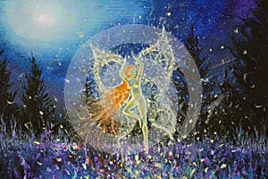 Fantasy art magic artwork acrylic painting glowing night fairy girl butterfly in magical night forest