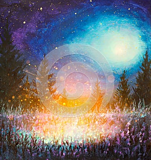 Fantasy art magic artwork acrylic painting purple night forest landscape oil painting