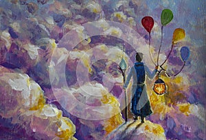 Fantasy art Man sorcerer with magic lantern staff and balls walking on purple clouds