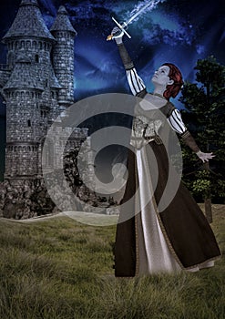 Fantasy arthurian woman with a magical sword