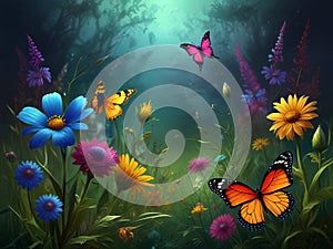 Fantasy Artwork of Mesmerizing Colorful Oil Painted, Jewel-Toned Butterflies And Wild Flowers, Against A Dark Alcohol Ink