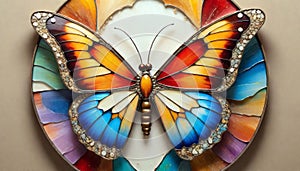 Fantasy artwork of a mesmerizing, jewel-toned butterfly in vivid, shimmering detail, set against a vibrant floral backdrop in a